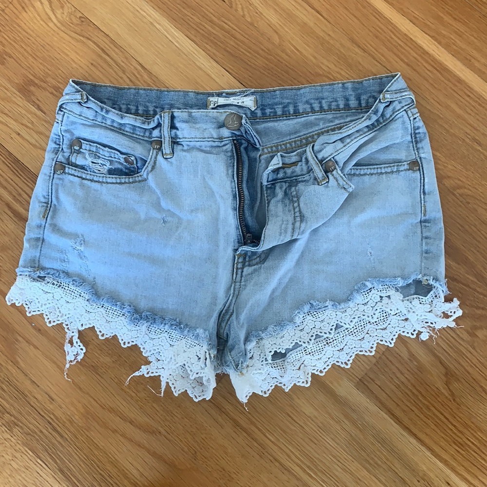 Free People Vintage Lace Trimmed Denim Shorts